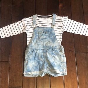 denim overalls with shirt with frilled shoulders.